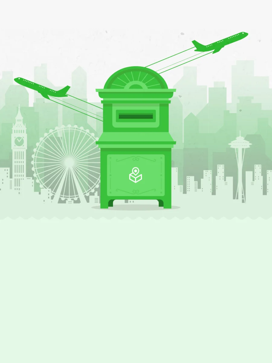 Illustration of parcels flying from an Atvido mailbox to cities worldwide