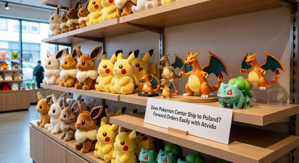 Pokemon Center UK merchandise display with plush toys and figures