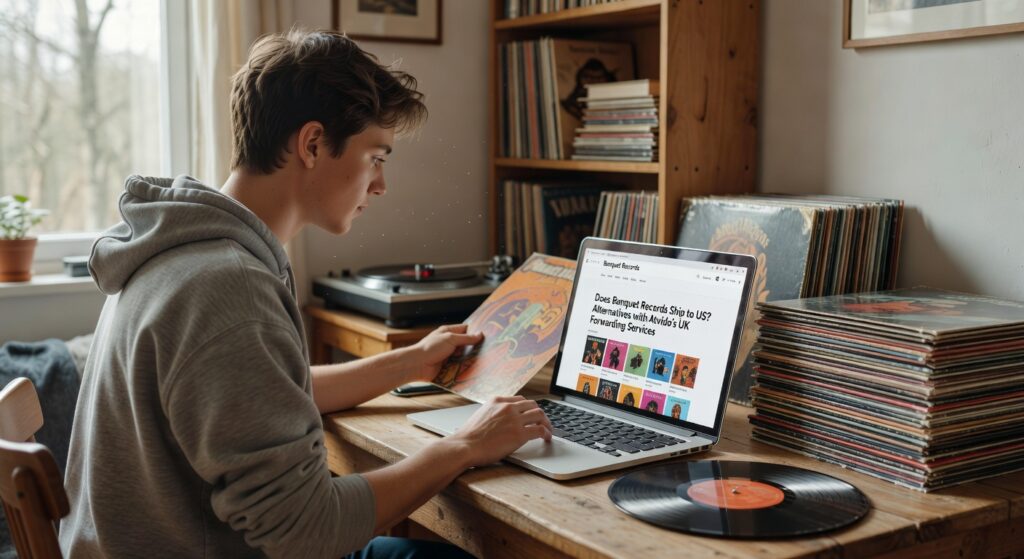 person browsing vinyl records on Banquet Records website at home