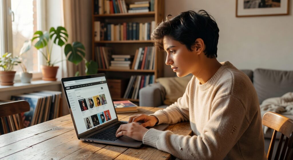 person browsing HMV music store online on laptop