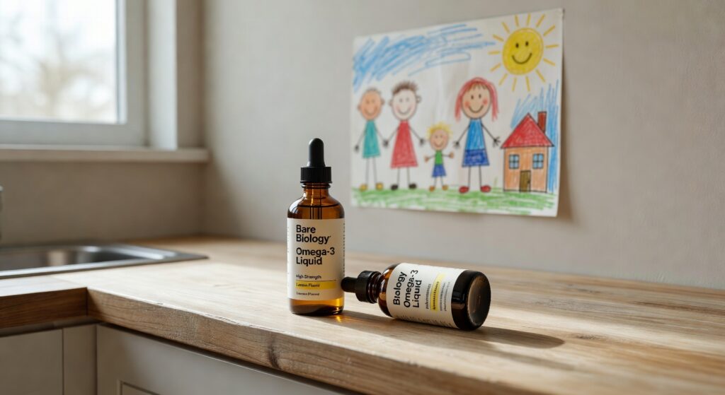 Close-up of Bare Biology omega-3 liquid bottles on a kitchen counter with a child's drawing in the background
