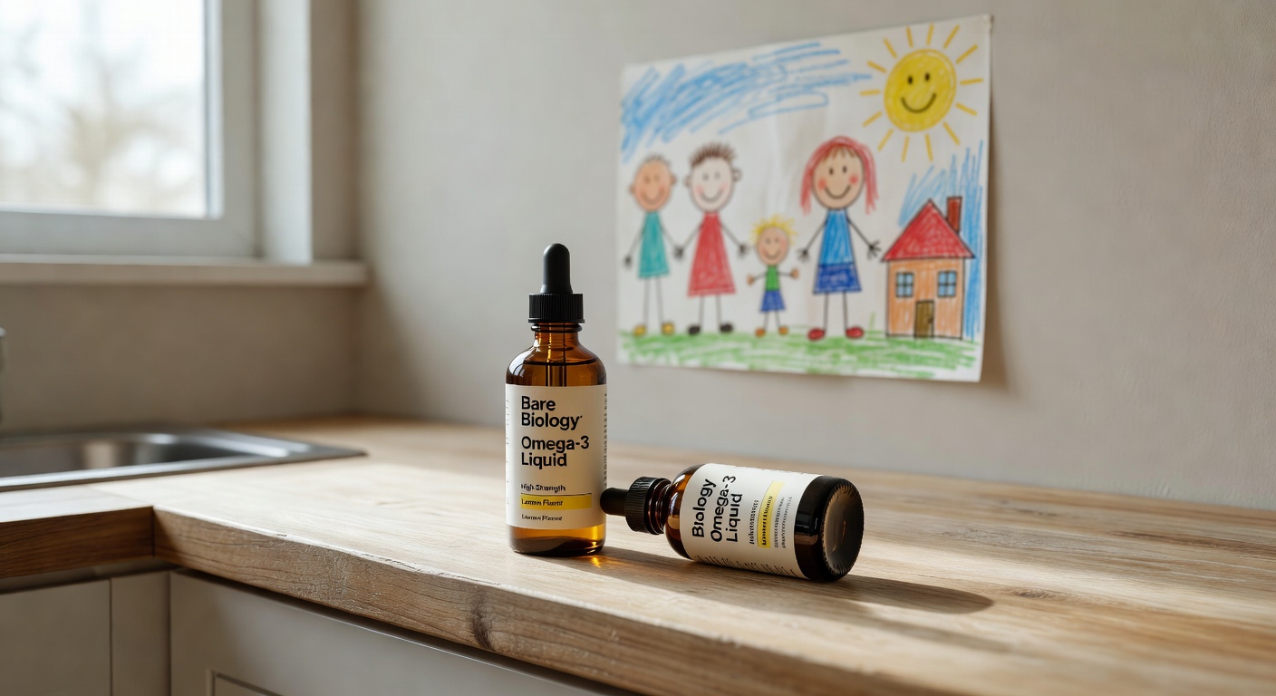 Close-up of Bare Biology omega-3 liquid bottles on a kitchen counter with a child's drawing in the background