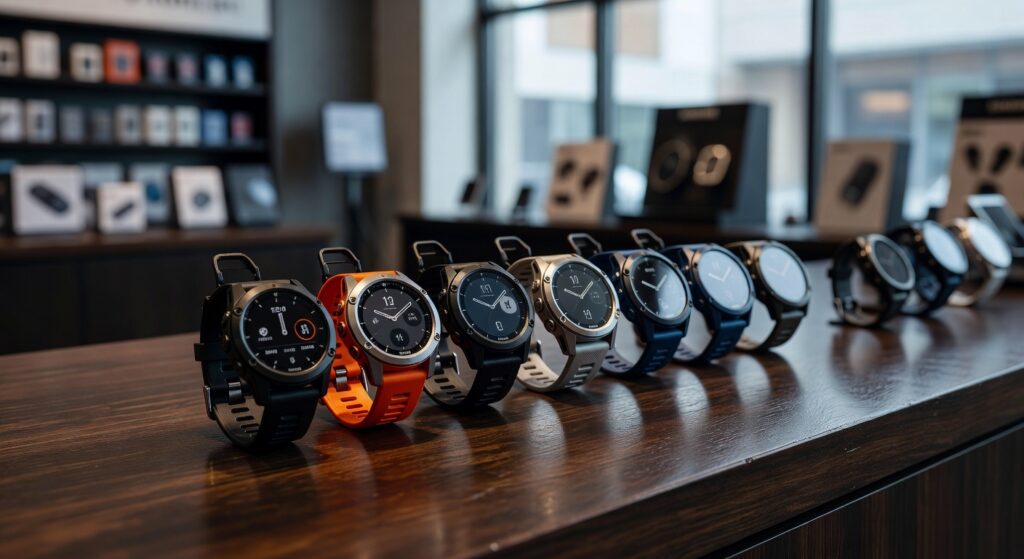 Close-up of multiple Garmin watches in different colors arranged on a dark wooden surface inside a US retail store