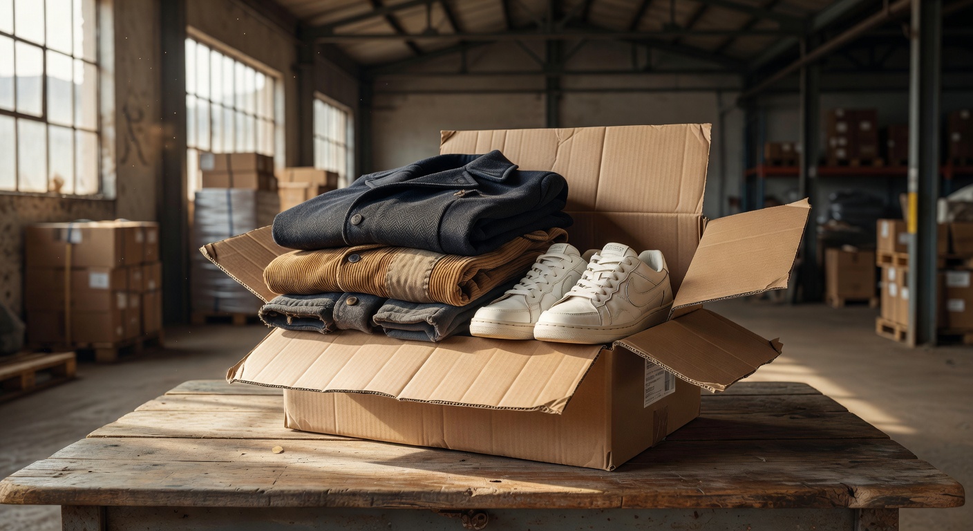 Neatly folded vintage coats and trainers inside an open cardboard shipping box on a warehouse table
