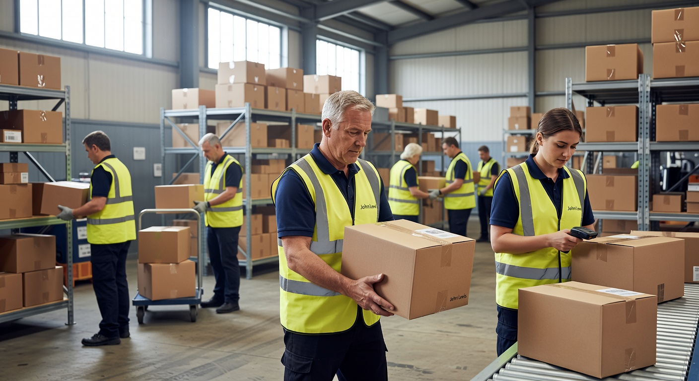 UK warehouse staff handling John Lewis parcels for forwarding