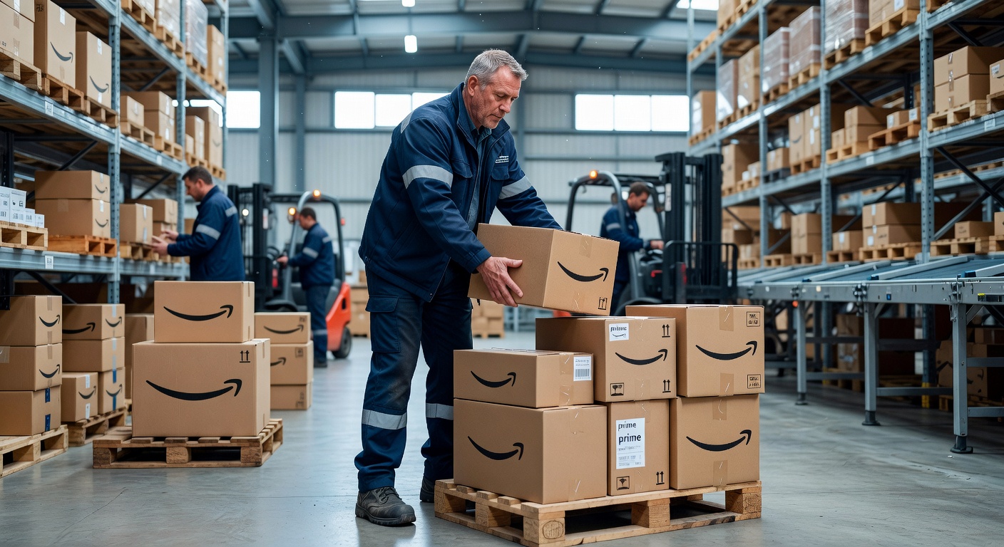 UK warehouse worker handling Amazon parcels for international forwarding