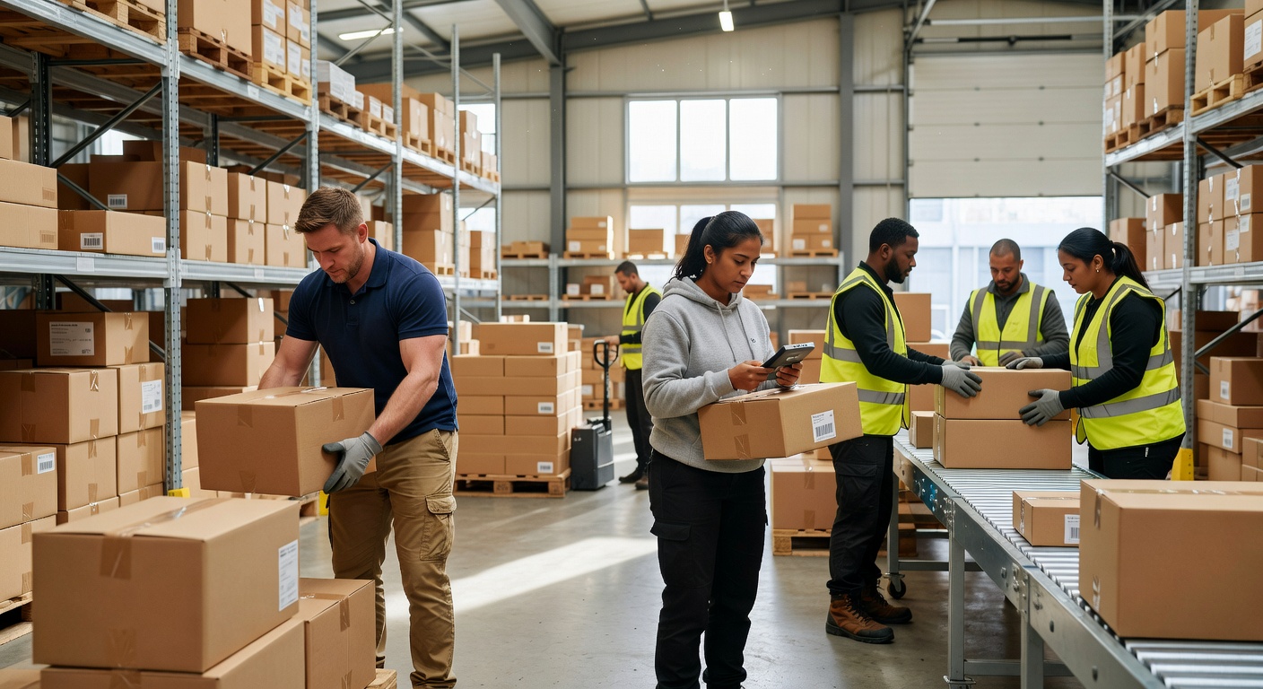 Atvido UK warehouse staff handling incoming parcels for forwarding
