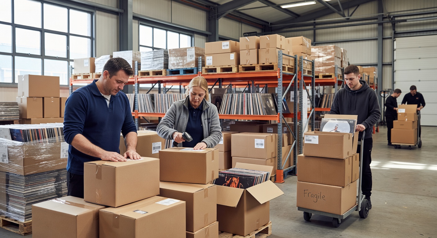 UK warehouse staff handling music parcels for international forwarding