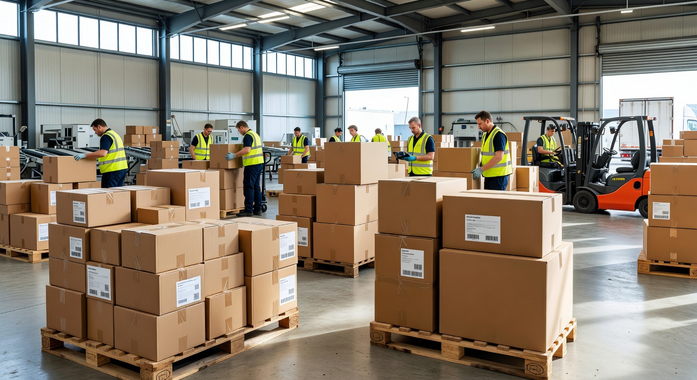 UK warehouse with stacked parcels ready for international forwarding