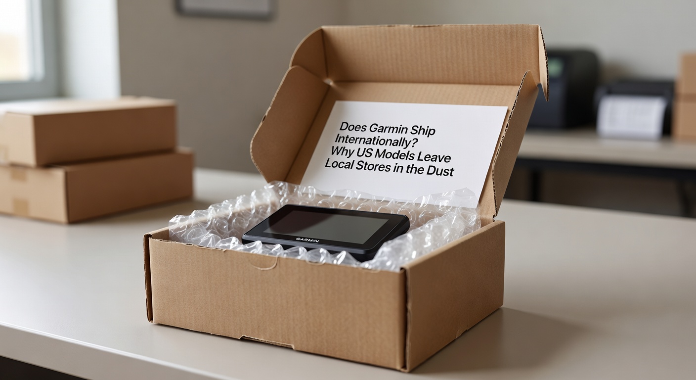 Neatly repacked Garmin GPS device inside a compact cardboard shipping box with protective bubble wrap visible