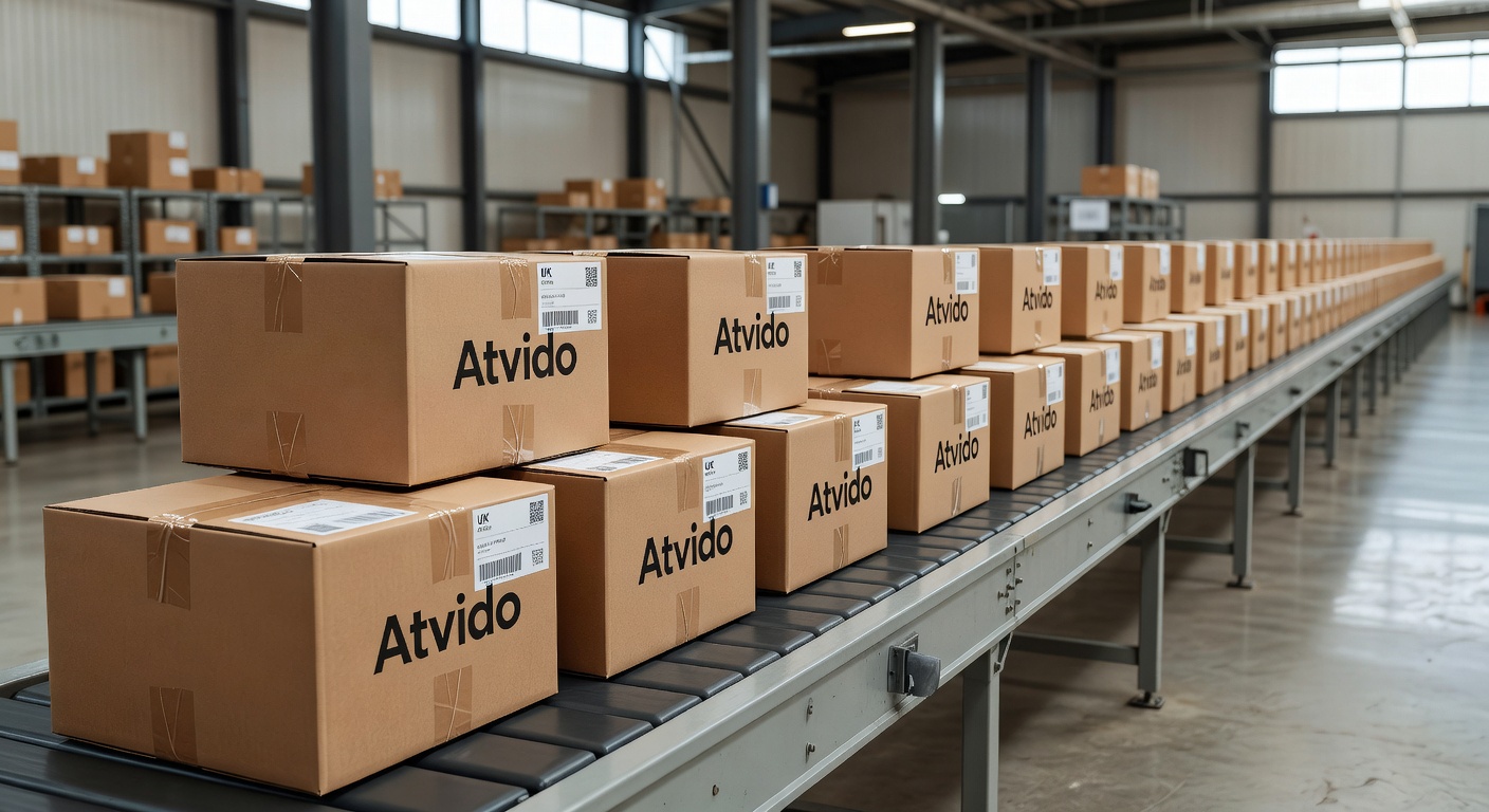 Row of brown Atvido-branded parcels stacked on a conveyor belt ready for international labels