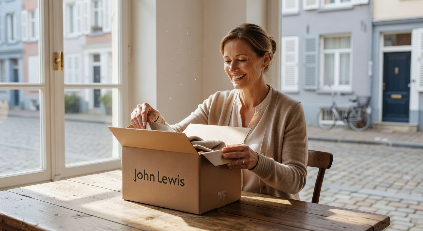happy customer in Europe opening delivered John Lewis package