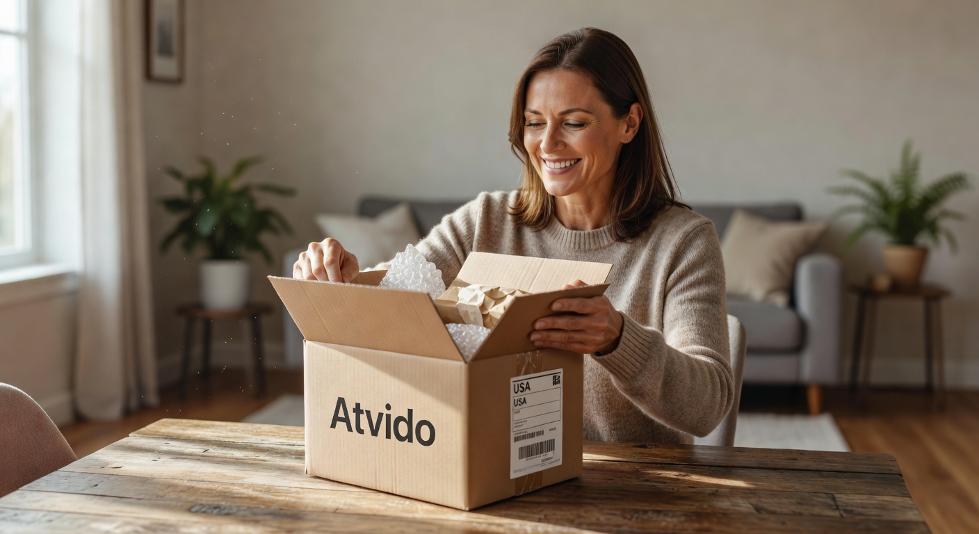 happy customer in the USA opening a delivered package from Atvido