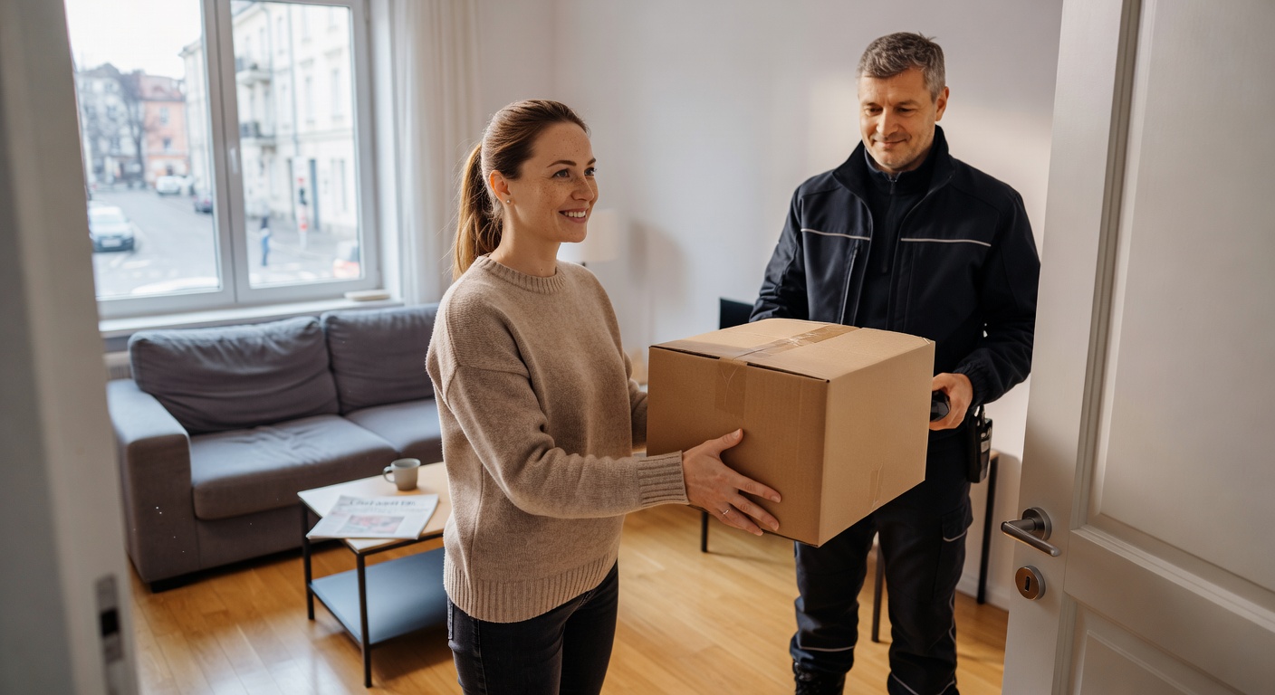 Customer in Poland receiving a delivered package at home