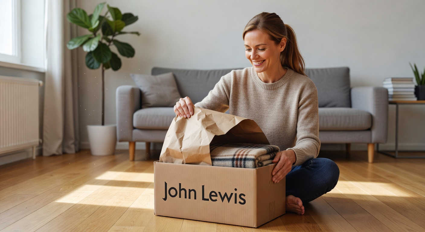 happy customer in Germany opening a delivered John Lewis package at home