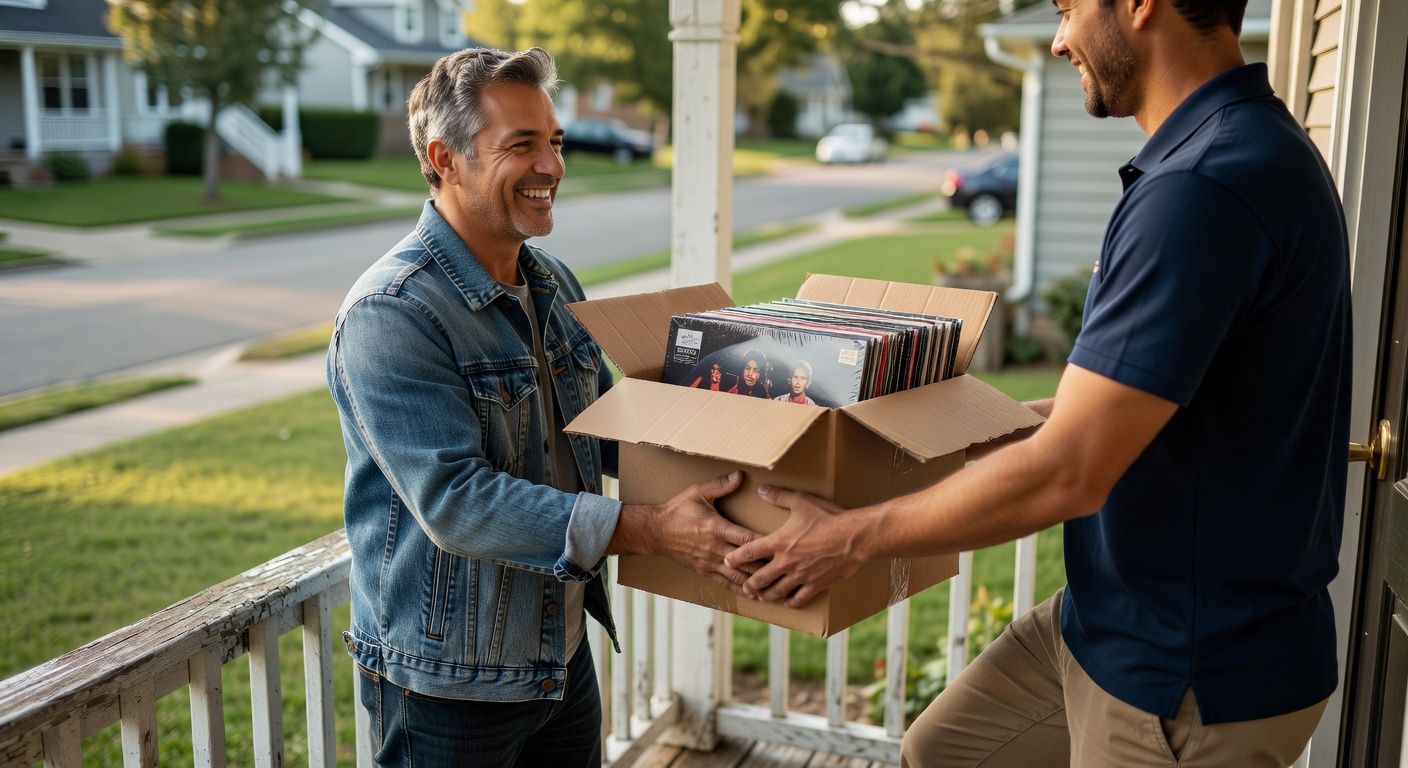 customer in the US receiving a forwarded package of vinyl albums at their door