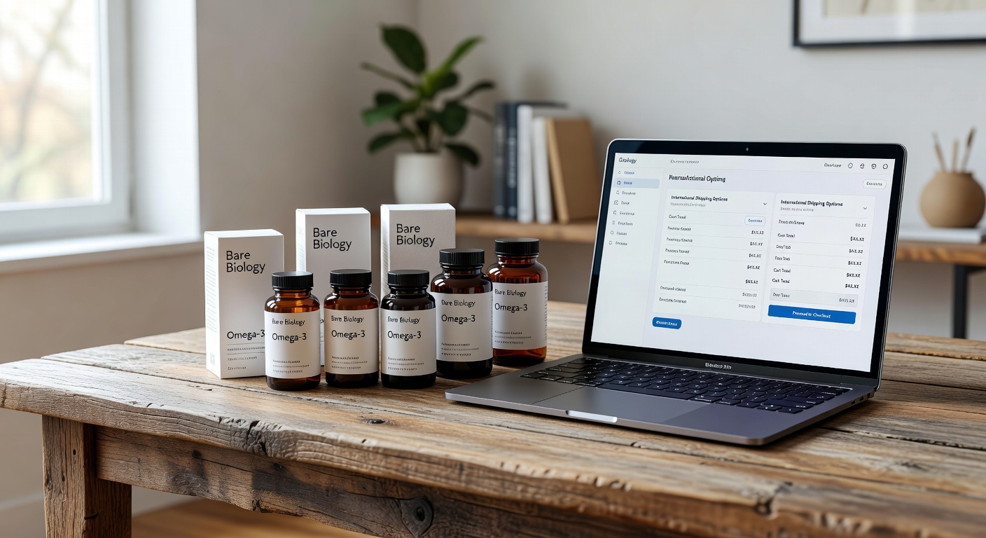 Bare Biology product range laid out on a wooden table next to a laptop showing an international shipping cart