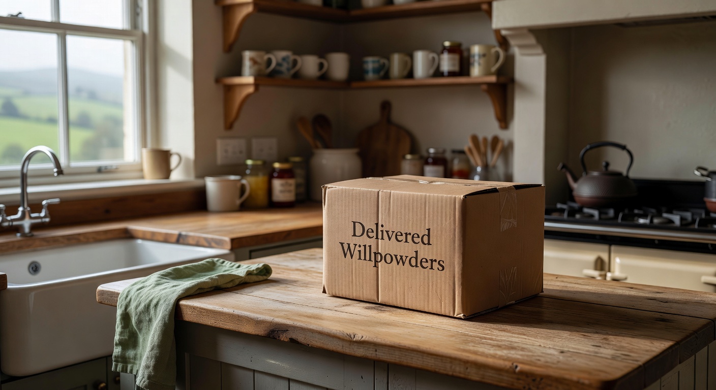 Delivered Willpowders parcel sitting on a kitchen counter in a typical Irish home