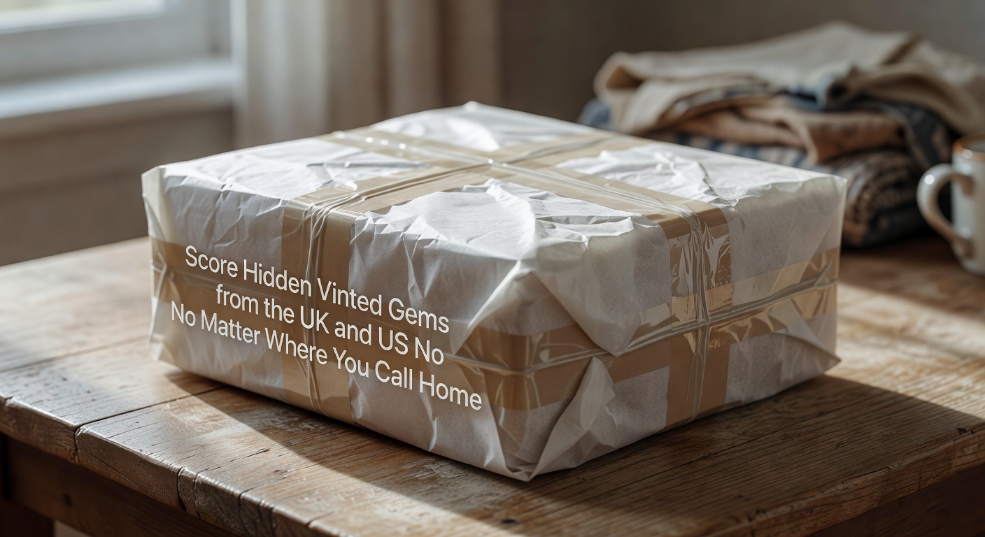 Close-up of a repacked Vinted purchase showing protective tissue paper and new shipping tape on the outside