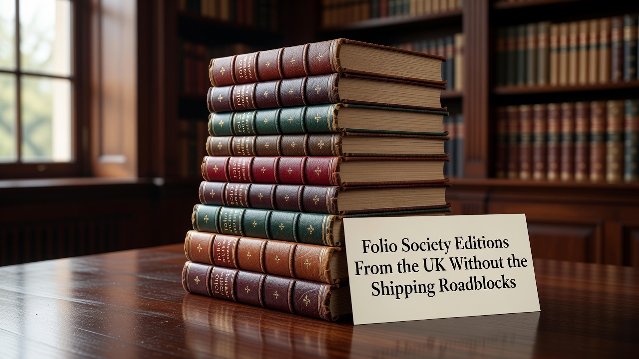 Stack of leather-bound Folio Society books arranged on a dark wooden surface