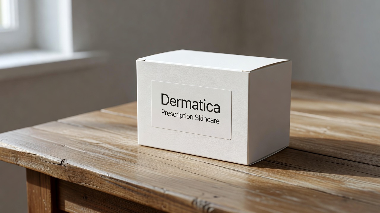 Close-up of a Dermatica prescription skincare box with label visible on a wooden table