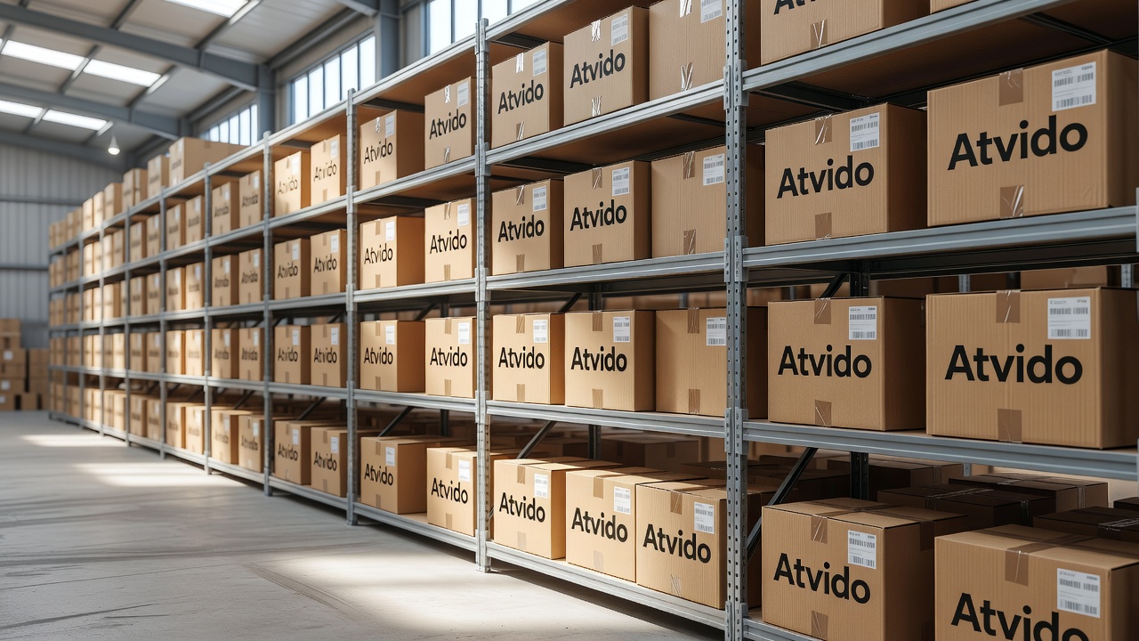 Stacked Atvido-labeled parcels on warehouse shelves in the UK