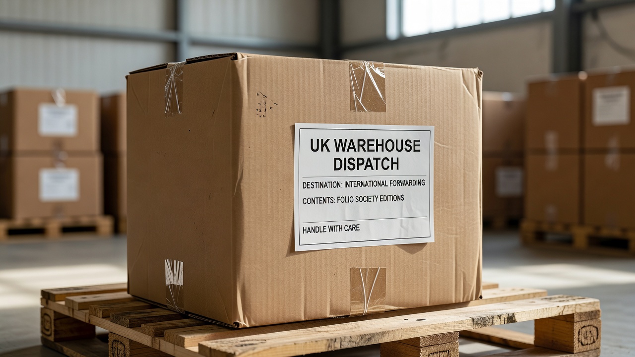 Cardboard shipping box with UK warehouse label and protective tape ready for international forwarding
