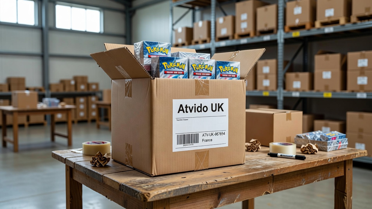 Atvido UK warehouse label affixed to a parcel containing TCG products