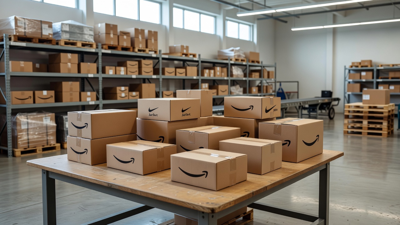US Amazon and Nike boxes being consolidated on a sorting table