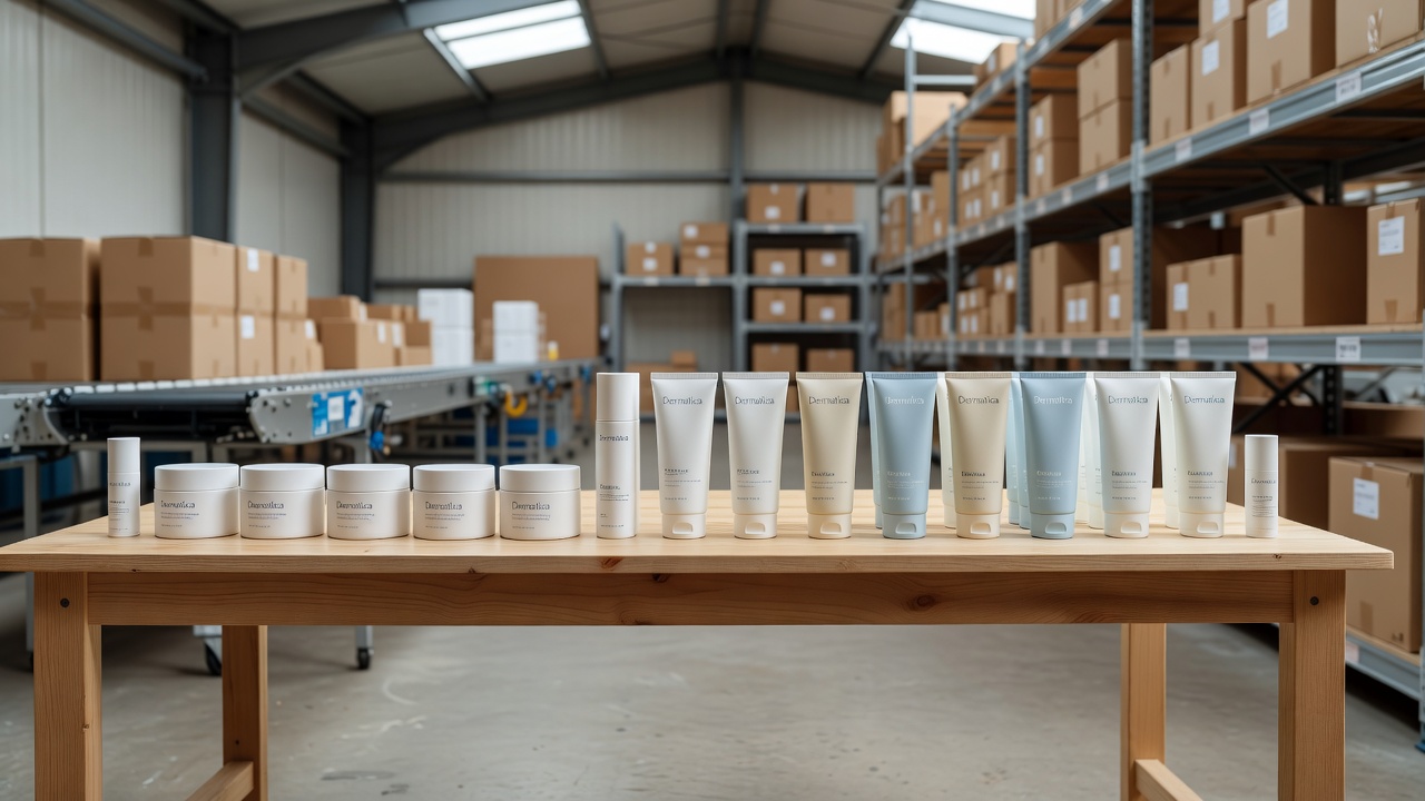 Row of Dermatica product jars and tubes arranged neatly inside a UK warehouse sorting area