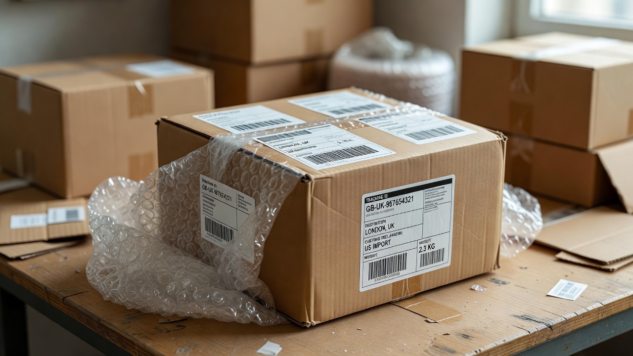 Close-up of repacked international shipping package with tracking labels and bubble wrap
