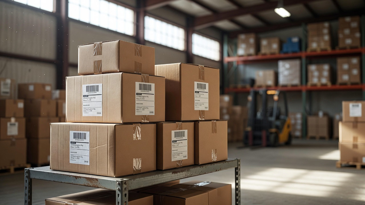 stack of brown cardboard parcels with shipping labels on a warehouse shelf