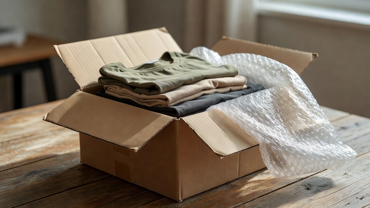 opened shipping box containing folded clothing items and bubble wrap on a wooden table