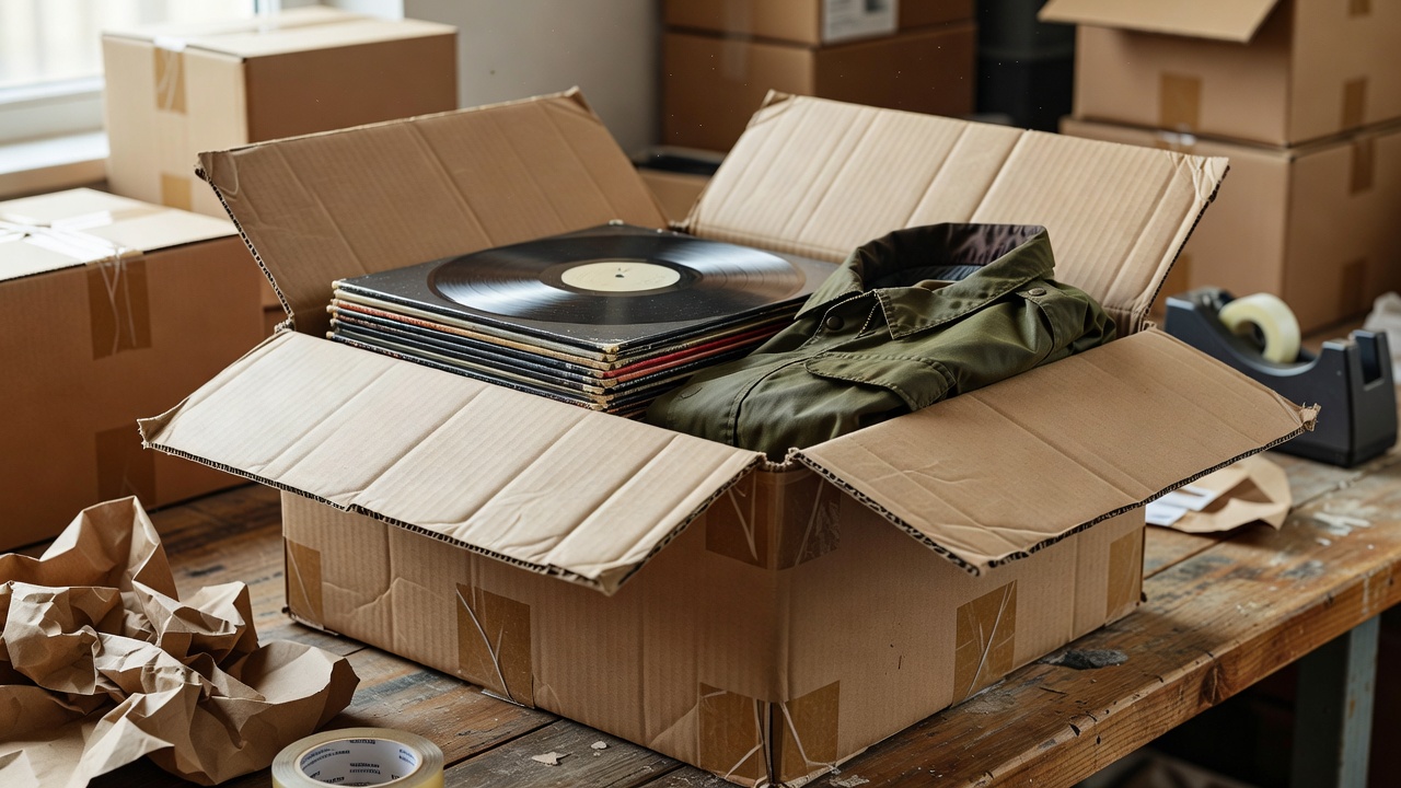 Stack of sealed vinyl records and a Barbour jacket inside a reinforced cardboard parcel ready for international repacking