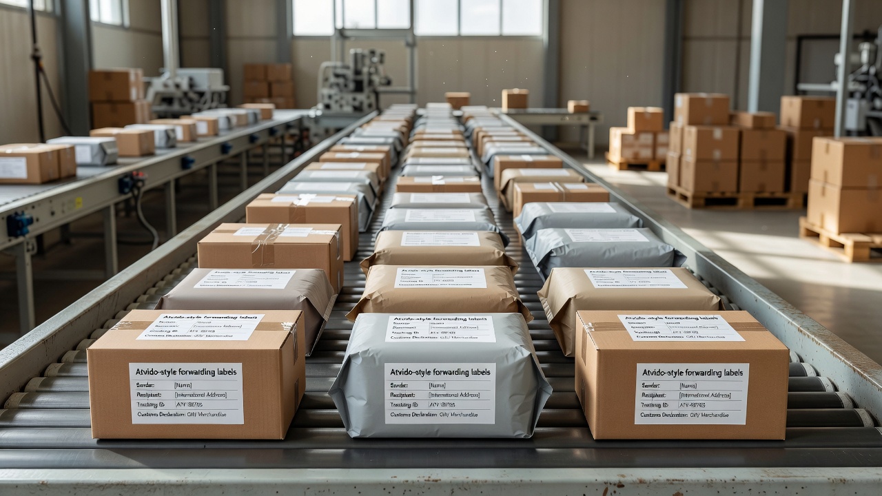 Row of neatly packed parcels with Atvido-style forwarding labels on a conveyor belt in a sorting facility